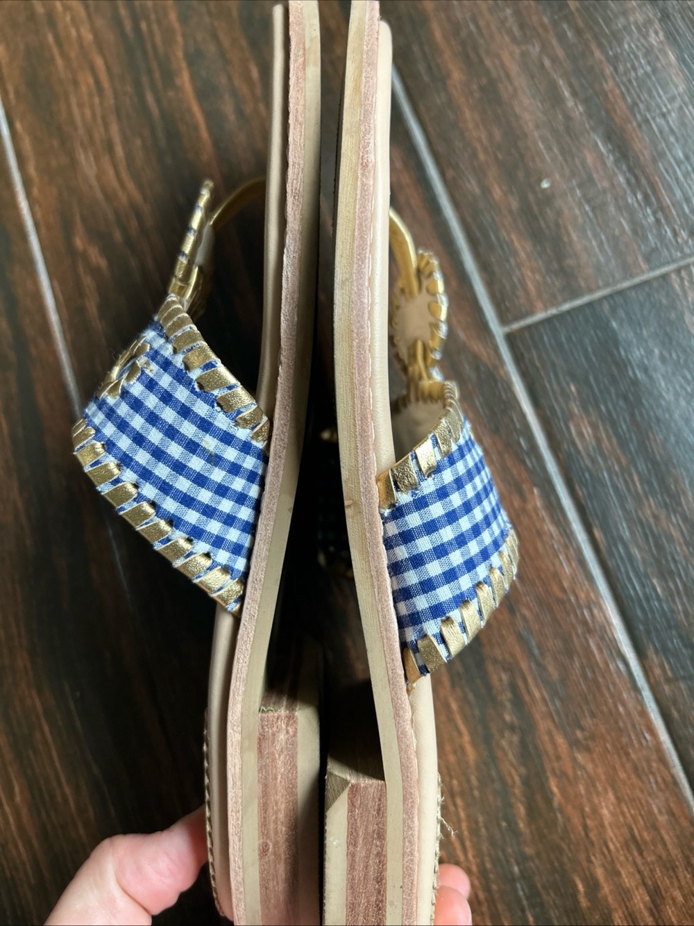 Jack Rogers Blue Gingham Katelyn Slide Sandals with Gold Trim - Picture 3 of 4